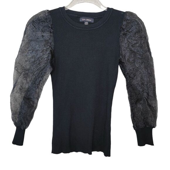 Qed London Size Small Black Ribbed Puff Mesh Sleeves Knit Top - Picture 1 of 8